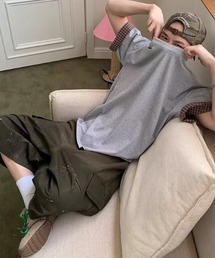 配色レイヤードネック×チェック袖口 ルーズシルエット半袖Tシャツ