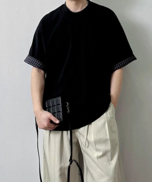 FreeZone(フリーゾーン)の「配色レイヤードネック×チェック袖口 ルーズシルエット半袖Tシャツ(Tシャツ/カットソー・メンズ・グレー/ブラック・F)」の12枚目の写真