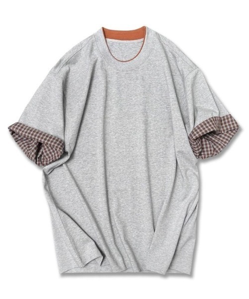 FreeZone(フリーゾーン)の「配色レイヤードネック×チェック袖口 ルーズシルエット半袖Tシャツ(Tシャツ/カットソー・メンズ・グレー/ブラック・F)」の14枚目の写真