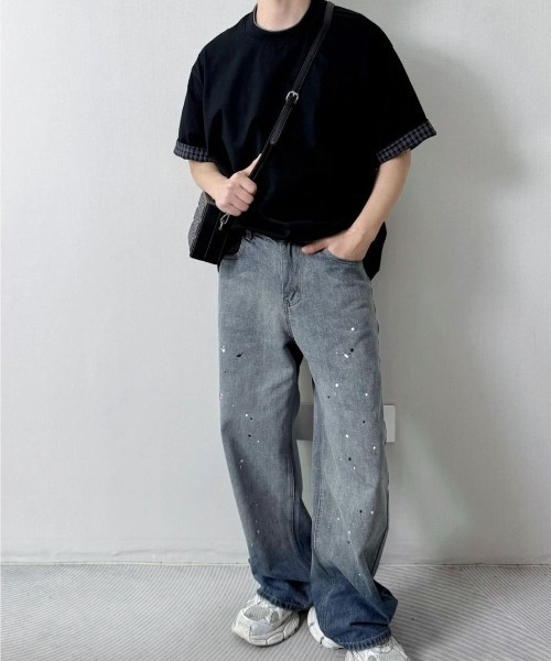 FreeZone(フリーゾーン)の「配色レイヤードネック×チェック袖口 ルーズシルエット半袖Tシャツ(Tシャツ/カットソー・メンズ・グレー/ブラック・F)」の15枚目の写真