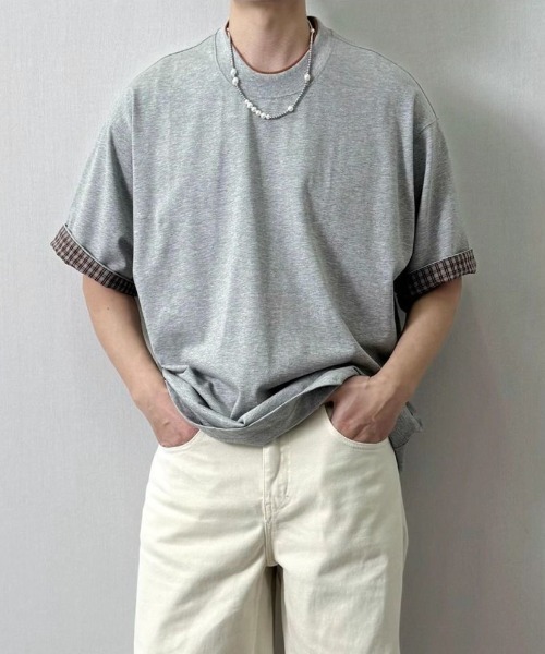 FreeZone(フリーゾーン)の「配色レイヤードネック×チェック袖口 ルーズシルエット半袖Tシャツ(Tシャツ/カットソー・メンズ・グレー/ブラック・F)」の16枚目の写真