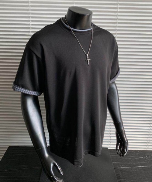 FreeZone(フリーゾーン)の「配色レイヤードネック×チェック袖口 ルーズシルエット半袖Tシャツ(Tシャツ/カットソー・メンズ・グレー/ブラック・F)」の18枚目の写真