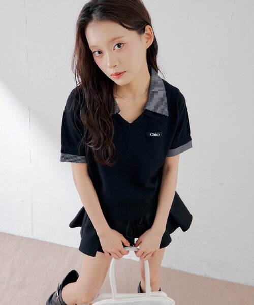 Chico（チコ）の「【WEB限定カラーあり】半袖シャツレイヤードVネックニット（ニット/セーター・レディース・ネイビー/アイボリー/ブラック/ブラック系その他/グレー・FREE）」の3枚目の写真