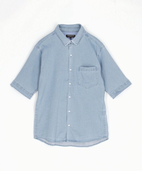 HIDEAWAYS NICOLE(ハイダウェイニコル)の「スーパーライトオンスデニムストレッチ5分袖シャツ(シャツ/ブラウス・メンズ・ブルー/その他2/ネイビー・XL/M/L)」の1枚目の写真