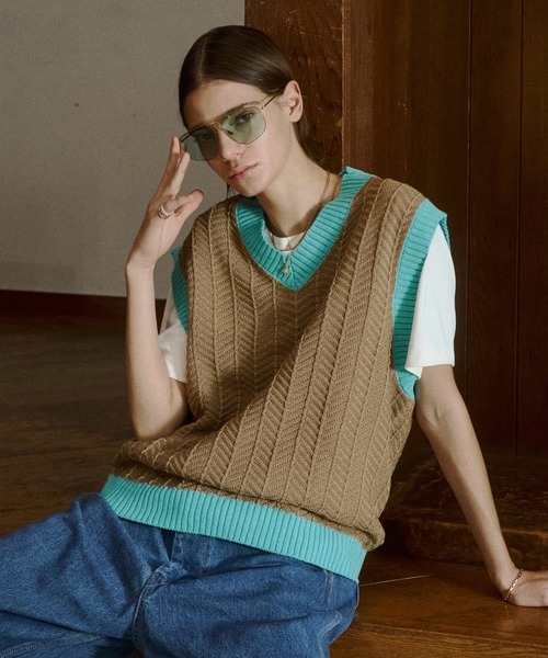 soerte(ソエルテ)の「Herringbone Summer Knit Vest/ヘリンボーンサマーニットベスト(ベスト・メンズ・ブラウン/ベージュ/グリーン・2/1/3)」の3枚目の写真