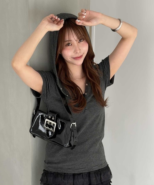 muet.（ミュエ）の「フード付きヘンリーネックボーダーカットソートップス（Tシャツ/カットソー・レディース・グレー/ブラック・MEDIUM/LARGE）」の14枚目の写真