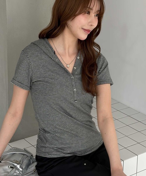 muet.（ミュエ）の「フード付きヘンリーネックボーダーカットソートップス（Tシャツ/カットソー・レディース・グレー/ブラック・MEDIUM/LARGE）」の8枚目の写真