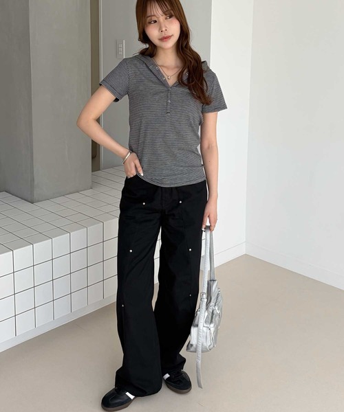 muet.（ミュエ）の「フード付きヘンリーネックボーダーカットソートップス（Tシャツ/カットソー・レディース・グレー/ブラック・MEDIUM/LARGE）」の5枚目の写真