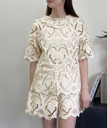 カットワークレースセットアップ ブラウス 半袖 ショートパンツ 上下セット