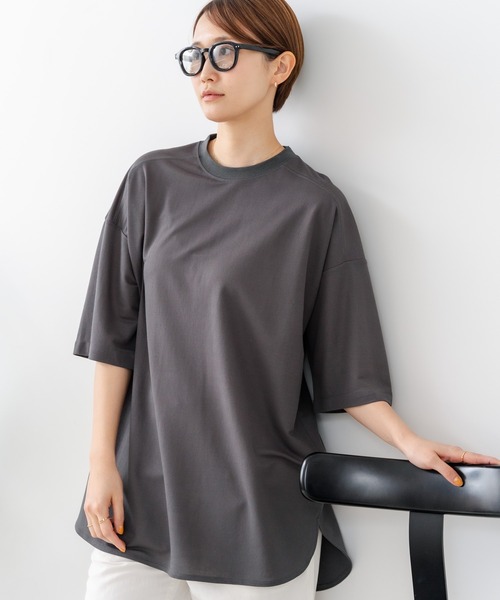 fort point(フォーポイント)の「【C-FORTPOINT/フォートポイント】【接触冷感 ひんやり涼しい】冷感鹿の子素材 ラウンドヘムTシャツ 乾きやすい お尻が隠れる 体型カバー(Tシャツ/カットソー・レディース・チャコールグレー/ブラック/ベージュ・FREE)」の12枚目の写真
