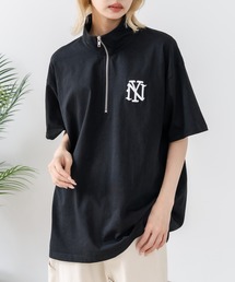 【SAVIER/サビアー】×【ZERO STAIN/ゼロステイン】【NYロゴ立体刺繍】コラボ ハーフジップ Tシャツ オーバーサイズ 汗染み防止 ストリート・スケーター