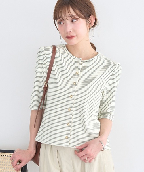 earth music&ecology(アースミュージックアンドエコロジー)の「ゴールドボタンボーダーカーディガン(Tシャツ/カットソー・レディース・ブラック/アイボリー/ブラウン・FREE)」の1枚目の写真