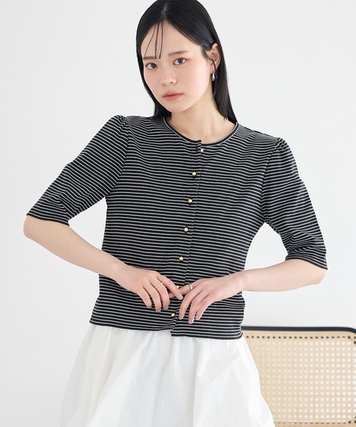 earth music&ecology(アースミュージックアンドエコロジー)の「ゴールドボタンボーダーカーディガン(Tシャツ/カットソー・レディース・ブラック/アイボリー/ブラウン・FREE)」の16枚目の写真