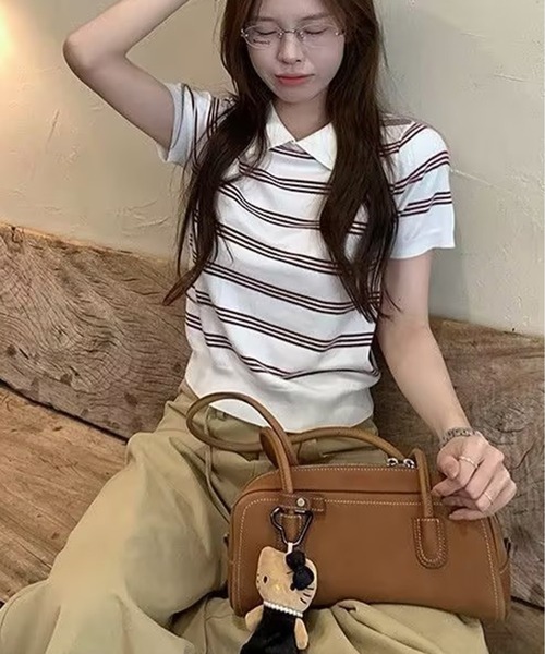AsheKsha(アシクシャ)の「カレッジスタイルのポロネックストライプニット半袖トップス(Tシャツ/カットソー・レディース・ホワイト/ネイビー・M)」の4枚目の写真