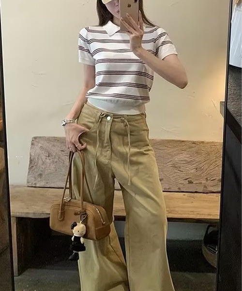 AsheKsha(アシクシャ)の「カレッジスタイルのポロネックストライプニット半袖トップス(Tシャツ/カットソー・レディース・ホワイト/ネイビー・M)」の5枚目の写真