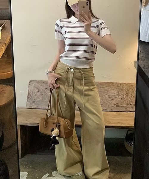 AsheKsha(アシクシャ)の「カレッジスタイルのポロネックストライプニット半袖トップス(Tシャツ/カットソー・レディース・ホワイト/ネイビー・M)」の6枚目の写真