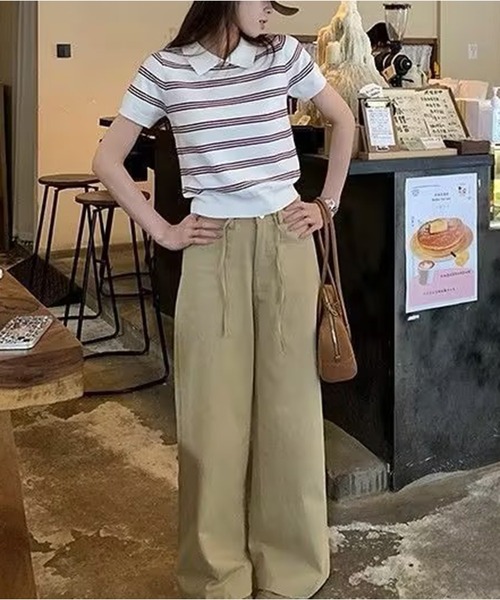 AsheKsha(アシクシャ)の「カレッジスタイルのポロネックストライプニット半袖トップス(Tシャツ/カットソー・レディース・ホワイト/ネイビー・M)」の7枚目の写真