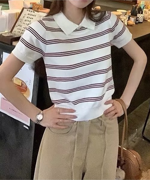 AsheKsha(アシクシャ)の「カレッジスタイルのポロネックストライプニット半袖トップス(Tシャツ/カットソー・レディース・ホワイト/ネイビー・M)」の8枚目の写真