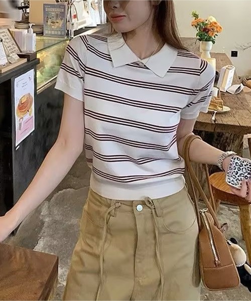 AsheKsha(アシクシャ)の「カレッジスタイルのポロネックストライプニット半袖トップス(Tシャツ/カットソー・レディース・ホワイト/ネイビー・M)」の9枚目の写真