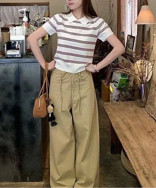 AsheKsha(アシクシャ)の「カレッジスタイルのポロネックストライプニット半袖トップス(Tシャツ/カットソー・レディース・ホワイト/ネイビー・M)」の10枚目の写真