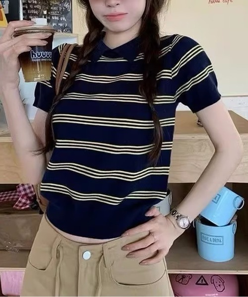 AsheKsha(アシクシャ)の「カレッジスタイルのポロネックストライプニット半袖トップス(Tシャツ/カットソー・レディース・ホワイト/ネイビー・M)」の15枚目の写真