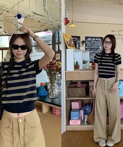 AsheKsha(アシクシャ)の「カレッジスタイルのポロネックストライプニット半袖トップス(Tシャツ/カットソー・レディース・ホワイト/ネイビー・M)」の19枚目の写真