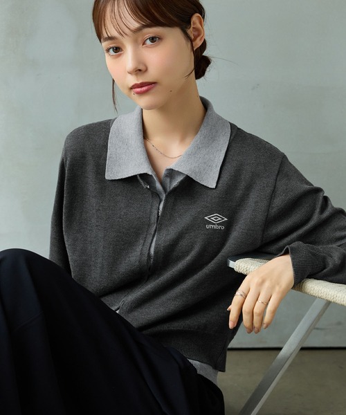 UMBRO(アンブロ)の「【UMBRO/アンブロ】限定 レイヤードポロニットカーディガン(カーディガン/ボレロ・レディース・ベージュ/チャコール・L/M)」の4枚目の写真