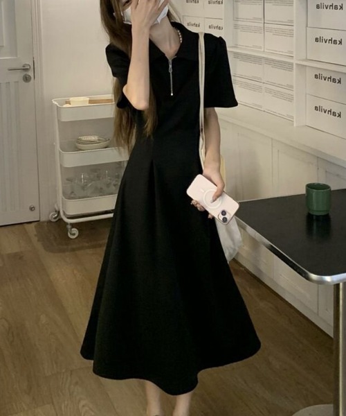 FREE STYLISTS(フリー スタイリスト)の「韓国風 着痩せ ストレッチ 翻领 ワンピース(ワンピース・レディース・ブラック・S/M)」の3枚目の写真