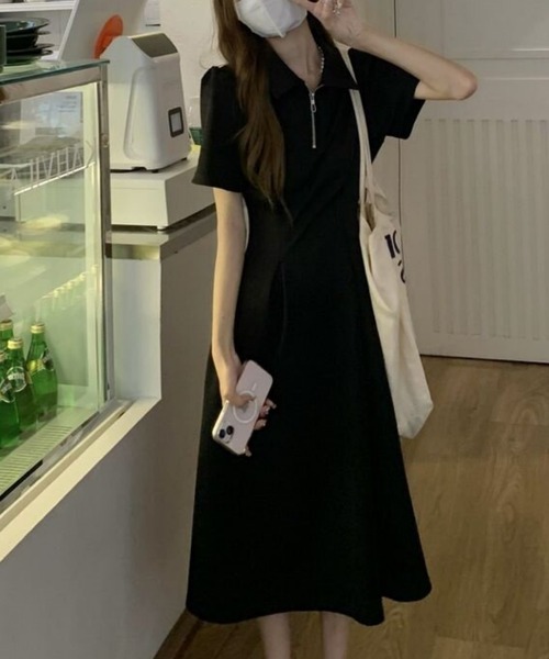 FREE STYLISTS(フリー スタイリスト)の「韓国風 着痩せ ストレッチ 翻领 ワンピース(ワンピース・レディース・ブラック・S/M)」の4枚目の写真