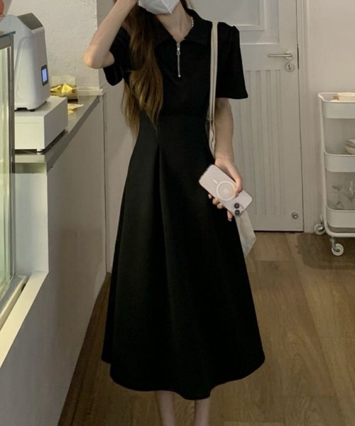 FREE STYLISTS(フリー スタイリスト)の「韓国風 着痩せ ストレッチ 翻领 ワンピース(ワンピース・レディース・ブラック・S/M)」の5枚目の写真