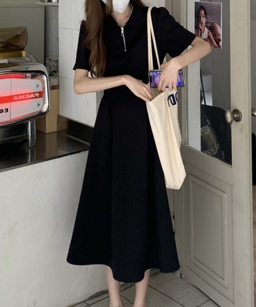 FREE STYLISTS(フリー スタイリスト)の「韓国風 着痩せ ストレッチ 翻领 ワンピース(ワンピース・レディース・ブラック・S/M)」の6枚目の写真