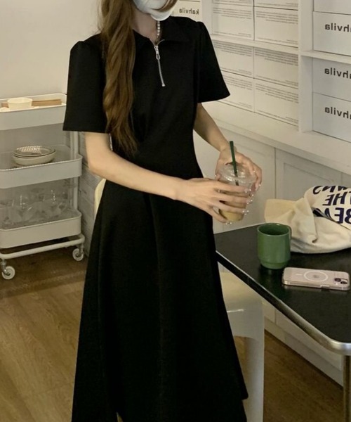 FREE STYLISTS(フリー スタイリスト)の「韓国風 着痩せ ストレッチ 翻领 ワンピース(ワンピース・レディース・ブラック・S/M)」の8枚目の写真