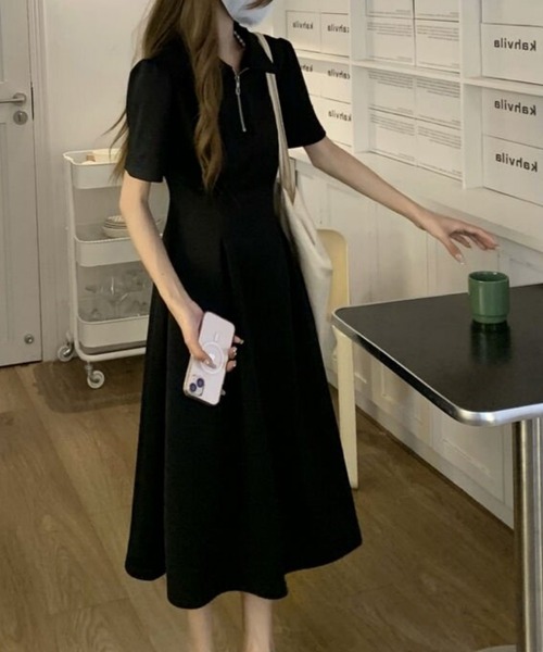 FREE STYLISTS(フリー スタイリスト)の「韓国風 着痩せ ストレッチ 翻领 ワンピース(ワンピース・レディース・ブラック・S/M)」の9枚目の写真
