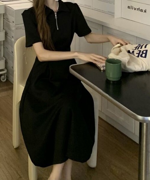 FREE STYLISTS(フリー スタイリスト)の「韓国風 着痩せ ストレッチ 翻领 ワンピース(ワンピース・レディース・ブラック・S/M)」の10枚目の写真