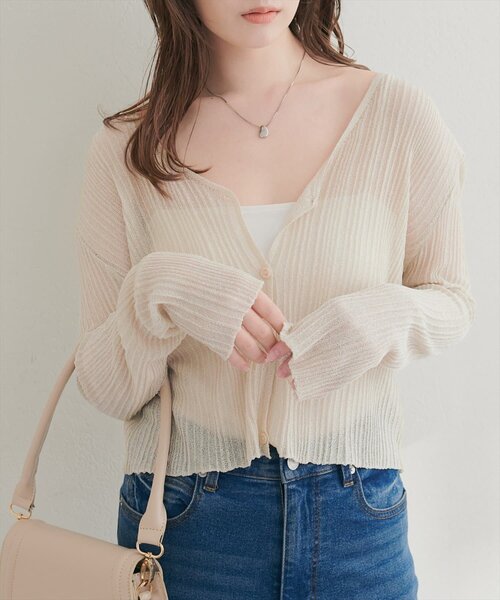 natural couture(ナチュラルクチュール)の「針抜きリブシアーラメカーデ(カーディガン/ボレロ・レディース・ブラウン/ライトベージュ/ブラック/サックスブルー・FREE)」の3枚目の写真