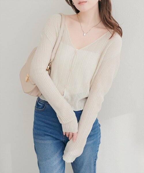 natural couture(ナチュラルクチュール)の「針抜きリブシアーラメカーデ(カーディガン/ボレロ・レディース・ブラウン/ライトベージュ/ブラック/サックスブルー・FREE)」の6枚目の写真