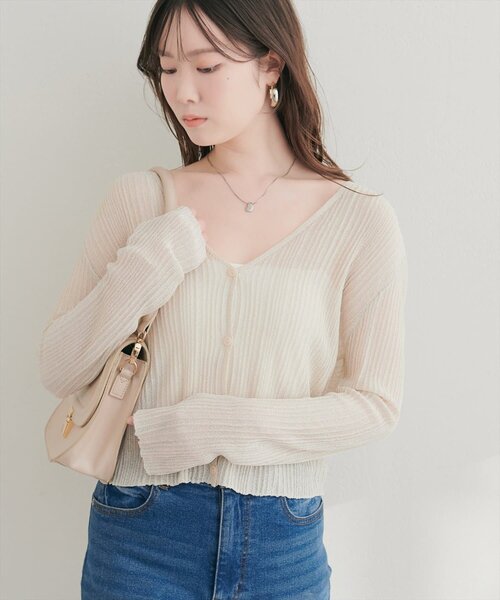 natural couture(ナチュラルクチュール)の「針抜きリブシアーラメカーデ(カーディガン/ボレロ・レディース・ブラウン/ライトベージュ/ブラック/サックスブルー・FREE)」の7枚目の写真