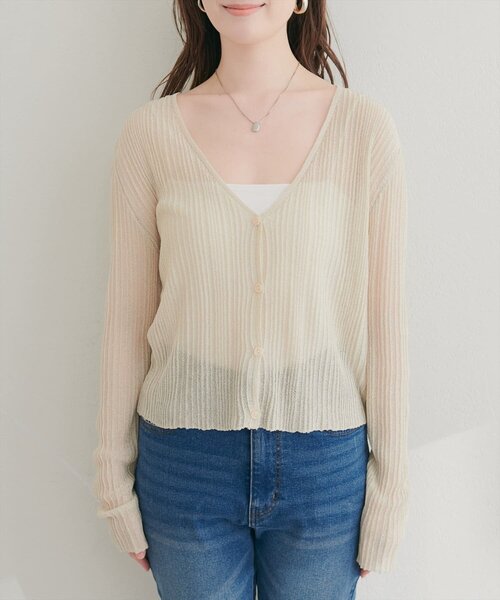 natural couture(ナチュラルクチュール)の「針抜きリブシアーラメカーデ(カーディガン/ボレロ・レディース・ブラウン/ライトベージュ/ブラック/サックスブルー・FREE)」の10枚目の写真