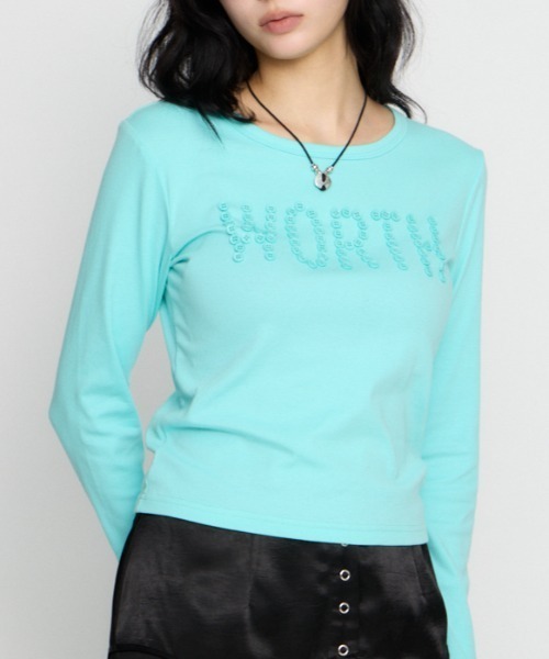 LAGUA GEM（ラグアジェム）の「MESSAGE BUTTON  ロングスリーブTシャツ（Tシャツ/カットソー・レディース・グレー/ミント/ブラック・FREE）」の3枚目の写真