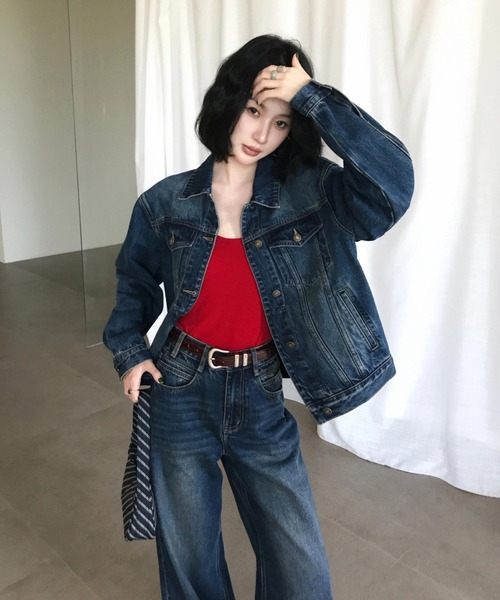 FAVORITO（ファヴォリート）の「デニムシャツ型トップスワイドパンツセットアップ（セットアップ・レディース・ダークブルー・S/M/L）」の6枚目の写真