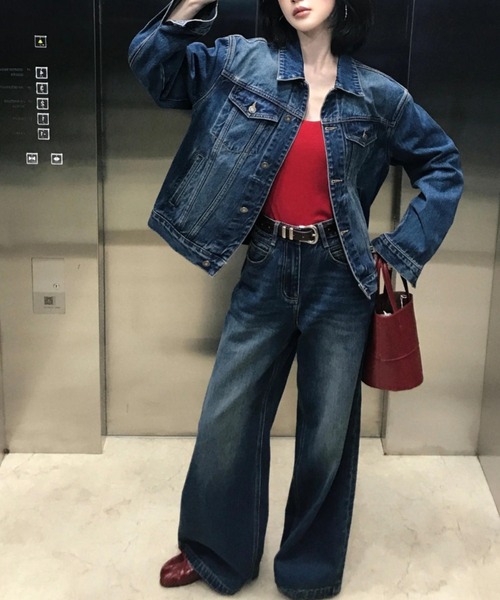 FAVORITO（ファヴォリート）の「デニムシャツ型トップスワイドパンツセットアップ（セットアップ・レディース・ダークブルー・S/M/L）」の7枚目の写真