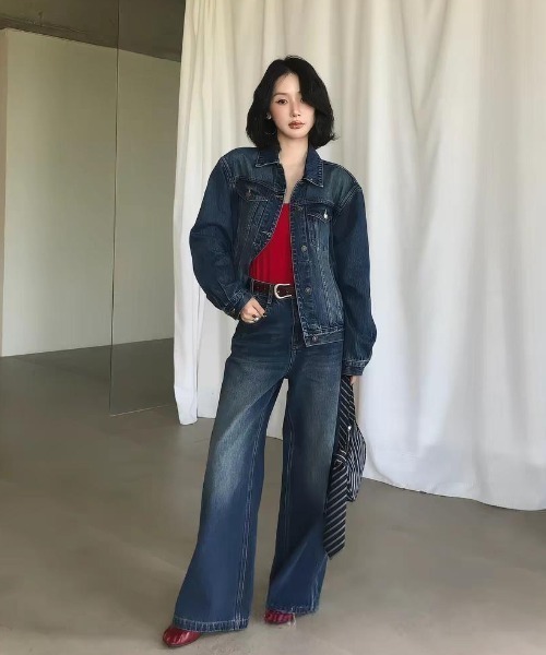 FAVORITO（ファヴォリート）の「デニムシャツ型トップスワイドパンツセットアップ（セットアップ・レディース・ダークブルー・S/M/L）」の14枚目の写真