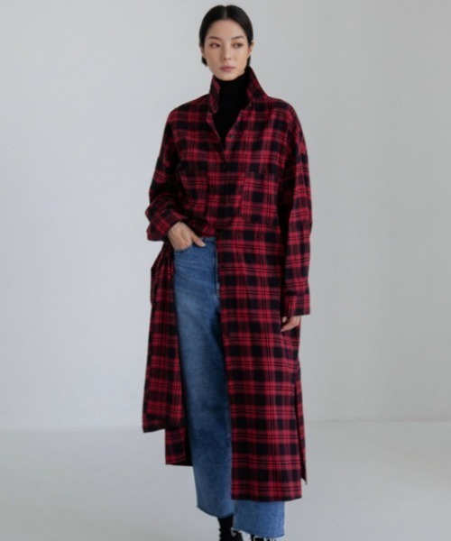 Aelina（エリナ）の「ミドル丈チェック柄シャツ（その他アウター・レディース・ホワイト/レッド・L/M）」の14枚目の写真
