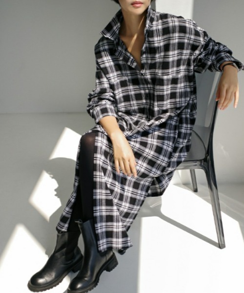 Aelina（エリナ）の「ミドル丈チェック柄シャツ（その他アウター・レディース・ホワイト/レッド・L/M）」の3枚目の写真