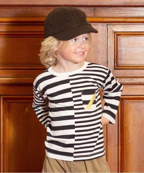 BREEZE(ブリーズ)の「ネット限定 切替ボーダーTシャツ(Tシャツ/カットソー・キッズ・ブラック/ネイビー/イエロー・80/90/95/100/110/120/130/140)」の1枚目の写真