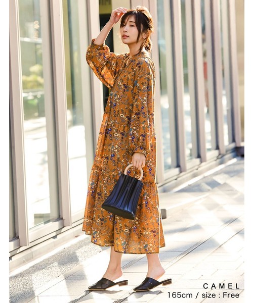 Re:EDIT(リエディ)の「デシン花柄シフォンワンピース(ワンピース)」|キャメル