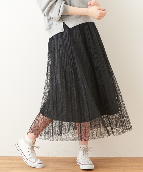 natural couture（ナチュラルクチュール）の「ヴィンテージ風レースプリーツスカート（スカート・レディース・ブラック/オフホワイト/ミント・FREE）」の2枚目の写真