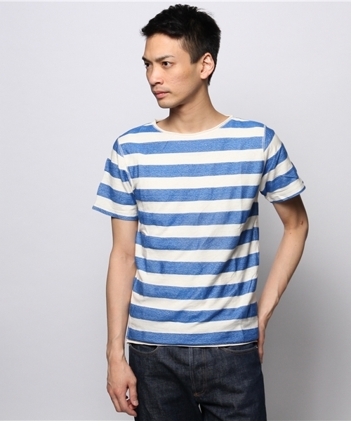 JOURNAL STANDARD（ジャーナルスタンダード）の「C/L ヘリンボーンボーダーTシャツ（Tシャツ/カットソー・メンズ・グリーン/ネイビー/ブルー系その他/スカイブルー/ラスタ・MEDIUM/LARGE）」の4枚目の写真