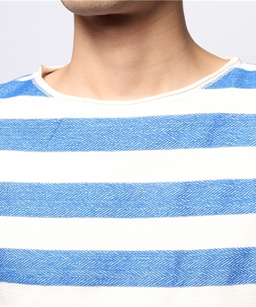 JOURNAL STANDARD（ジャーナルスタンダード）の「C/L ヘリンボーンボーダーTシャツ（Tシャツ/カットソー・メンズ・グリーン/ネイビー/ブルー系その他/スカイブルー/ラスタ・MEDIUM/LARGE）」の7枚目の写真