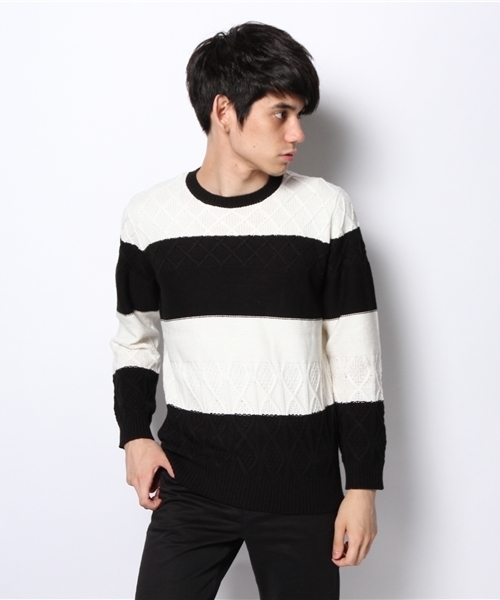 And A（アンドエー）の「ランダムケーブルボーダークルーネックニット（ニット/セーター・メンズ・ブラック/ブラウン・40/42/44）」の11枚目の写真